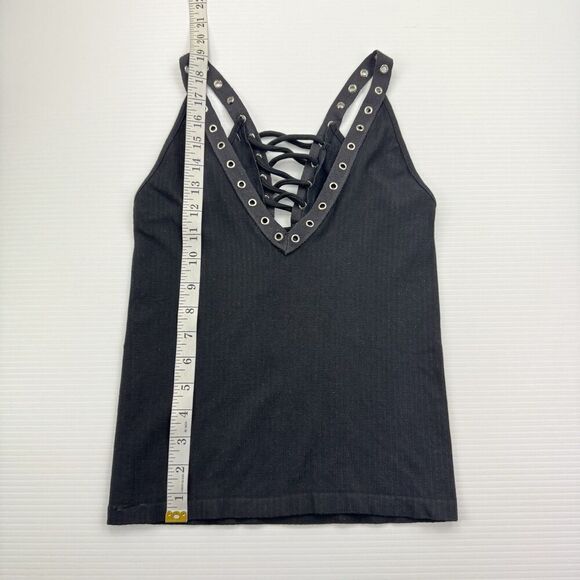 SKYLEE Black Tank Top Punk Rock Sleeveless Grommet Laced V-Neck Shirt One Size - Picture 6 of 6